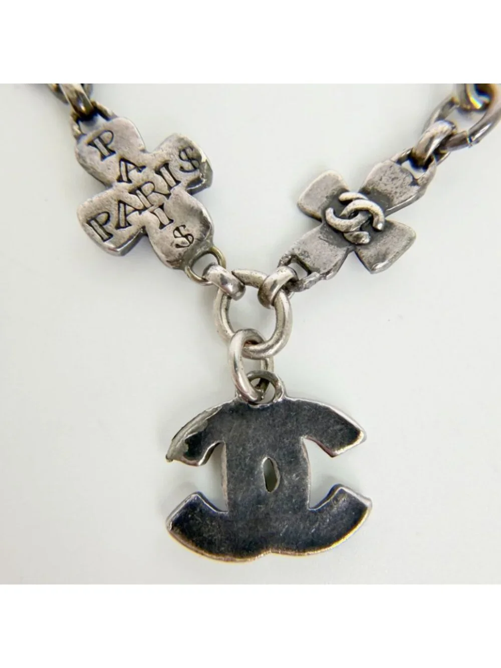 Chanel CC Logo Multi Charm Bracelet Plated Silver Vintage